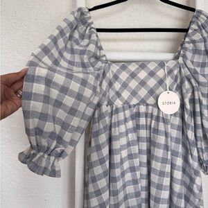 Blue & White Checkered Mini Dress with Pockets